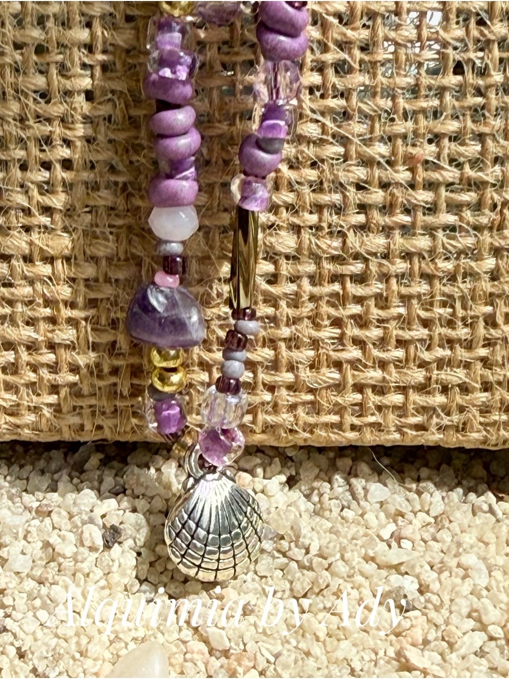 SINGLE STRAND Purple Beaded Necklace with Silver Shell Pendant amethyst